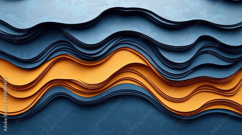 Poster textured waves of blue and orange paper creating a dynamic visual pattern in an abstract design