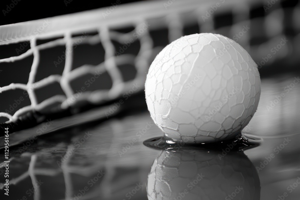 Aufkleber Close-up of a wet ping pong ball near the net on a table.