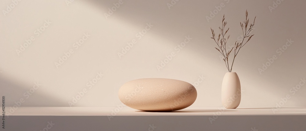 Aufkleber white shelf with two objects on it. on the left side of the shelf, there is a large, round, beige-co