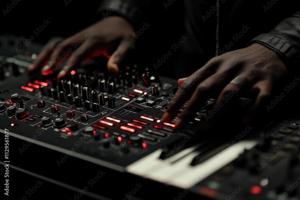 Poster Close-up of hands operating a music synthesizer with illuminated controls in a dark setting.