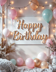 Celebratory Elegant Happy Birthday Text with Pastel-Colored Balloons in Cozy Indoor Space