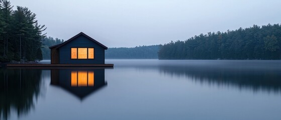 Fototapeta premium Photograph of a small cabin on a calm lake. the cabin is made of wood and has a sloping roof. it has a small window on the front and a small porch on the side.