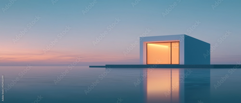 Aufkleber small cube-shaped building with an open door on the right side. the cube is placed on a small island