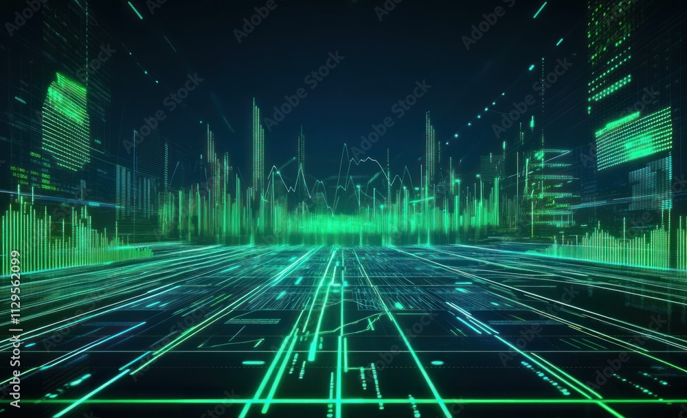 Poster futuristic green digital city landscape with glowing lines and data streams.