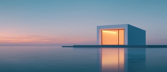 Small cube-shaped building with an open door on the right side. the cube is placed on a small island in the middle of a body of water, with the reflection of the cube visible on the surface.