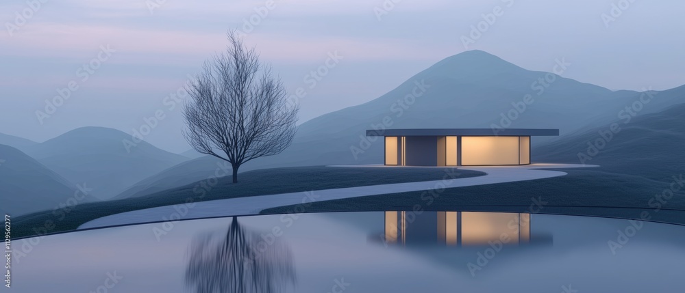 Poster digital illustration of a modern house on a hill overlooking a lake. the house is a small, rectangul