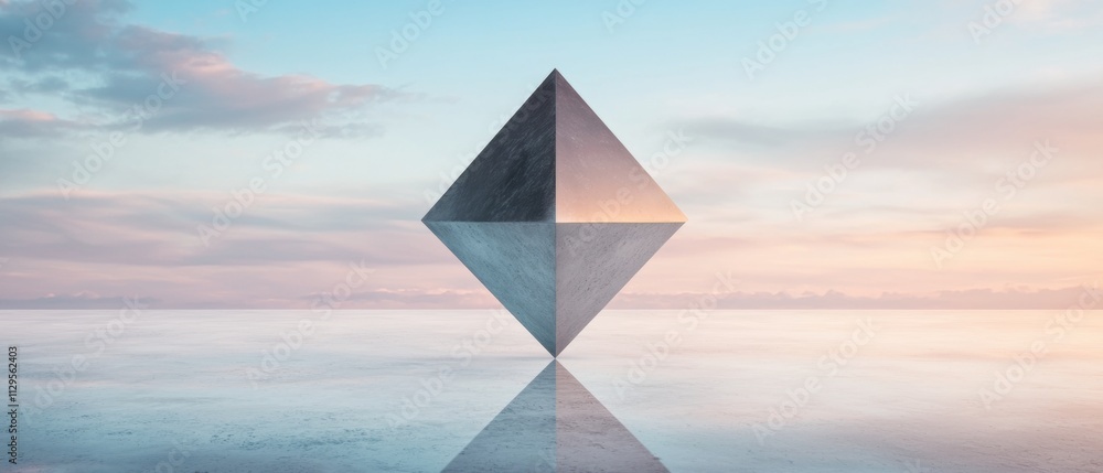 Poster 3d rendering of a triangular prism in the middle of a vast expanse of water. the prism is made up of