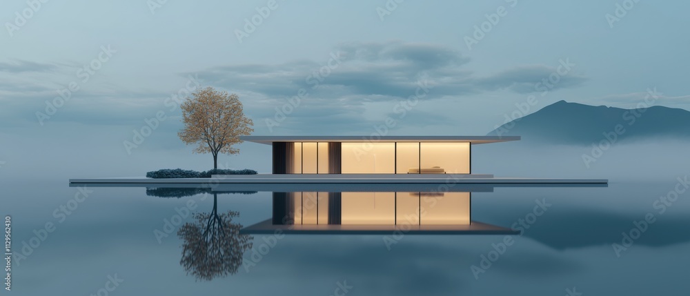 Poster 3d rendering of a modern house on a small island in the middle of a body of water. the house is a tw