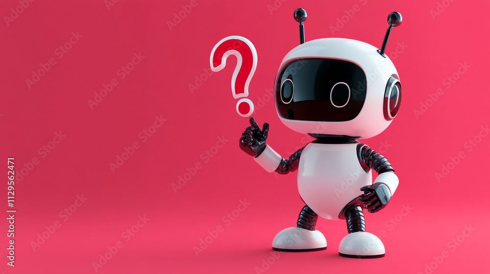 Poster cute robot with question mark on bright pink background engages in curiosity