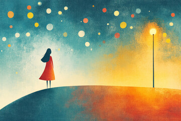 Poetic illustration of a woman observing a starry sky in an abstract landscape.