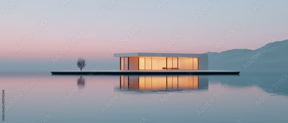Poster modern floating house on a small island in the middle of a body of water. the house is white and has