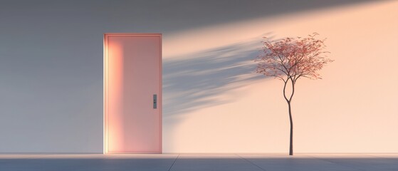 Empty room with a pink door on the left side and a small tree on the right side. the door is closed and the wall is painted in a light pink color.