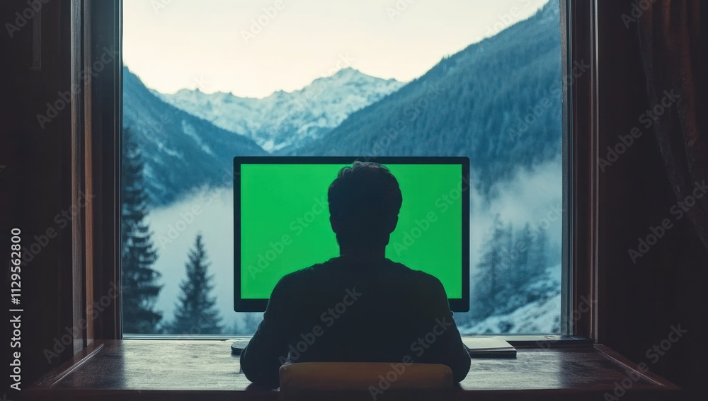 Aufkleber Man working on green screen computer by snowy mountain view window.