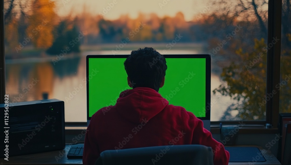 Aufkleber man working on computer with green screen, overlooking scenic autumn landscape.