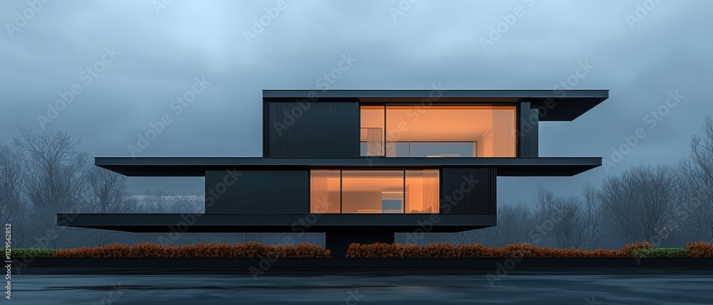 Poster modern two-story building with a unique design. the building is made of black concrete and has a fla