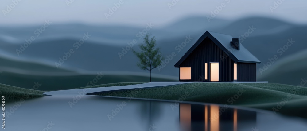 Poster 3d rendering of a small black house on a hill overlooking a body of water. the house has a sloping r