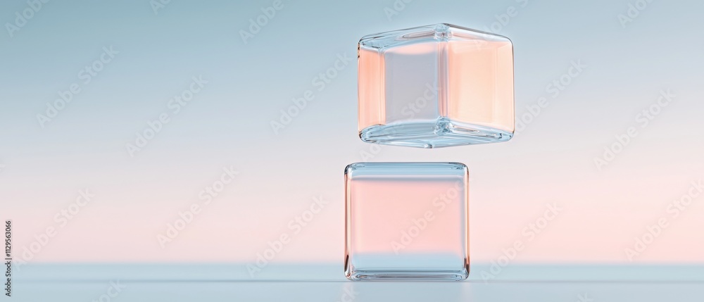 Poster two empty glass bottles on a light blue background. the bottles are made of transparent glass and ha