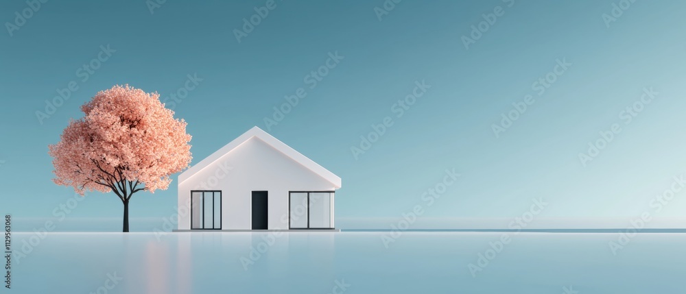 Poster small white house with a triangular roof and two windows on the front. the house is standing on a fl