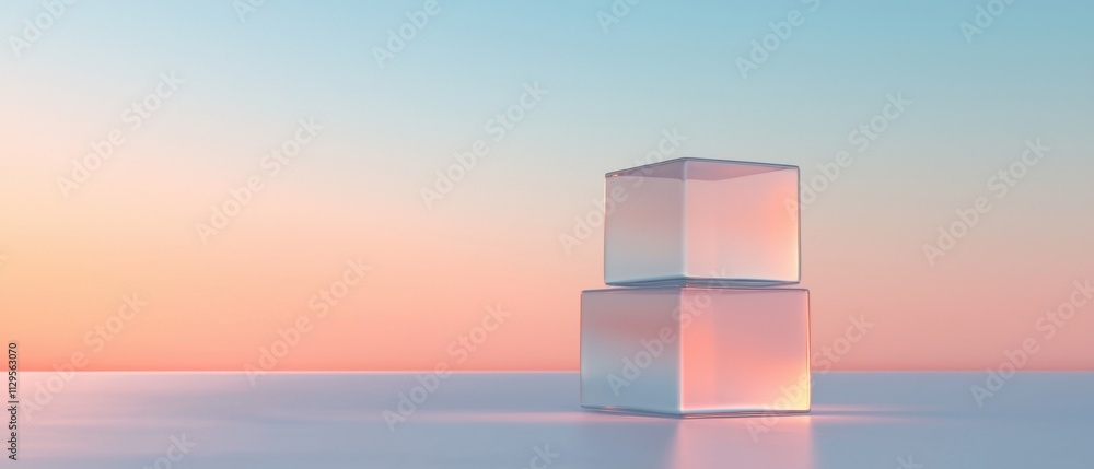 Poster two cubes stacked on top of each other on a reflective surface. the cubes are made of transparent gl