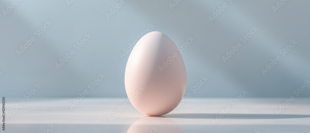 Poster 3d rendering of an egg on a light blue background. the egg is in the center of the image, with its b