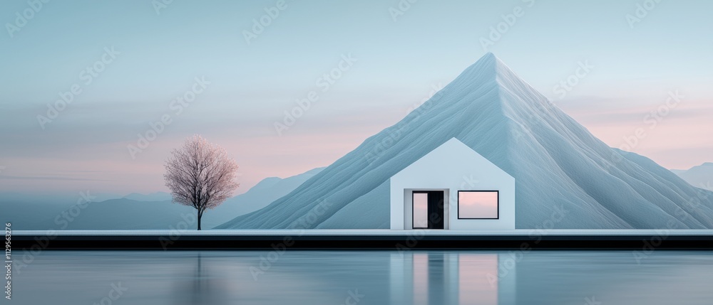 Poster digital illustration of a small white house with a triangular roof and two windows on the front. the