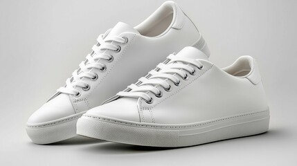 A stylish pair of white sneakers displayed elegantly on a light background, showcasing a modern and sleek design.