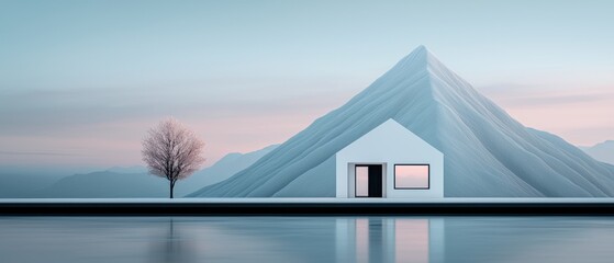 Digital illustration of a small white house with a triangular roof and two windows on the front. the house is situated on the edge of a body of water, with a mountain in the background.