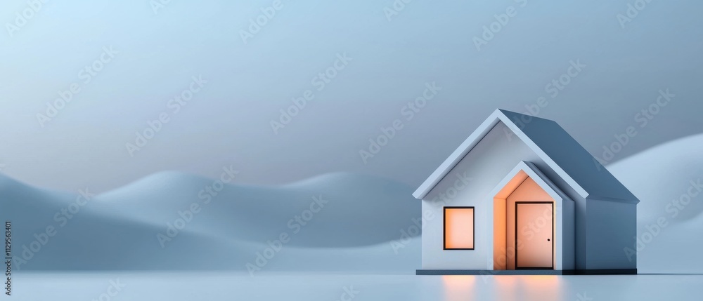 Poster small white house with a triangular roof and a small window on the right side. the house is standing