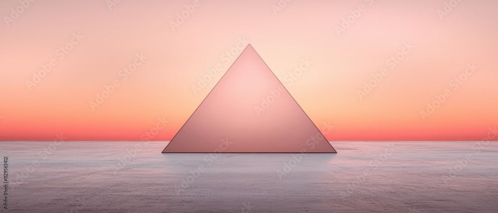 Poster photograph of a triangular prism in the middle of a vast body of water. the prism is a light pink co