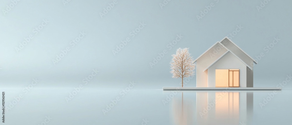 Poster small white house with a triangular roof and a small tree on the right side. the house is placed on 
