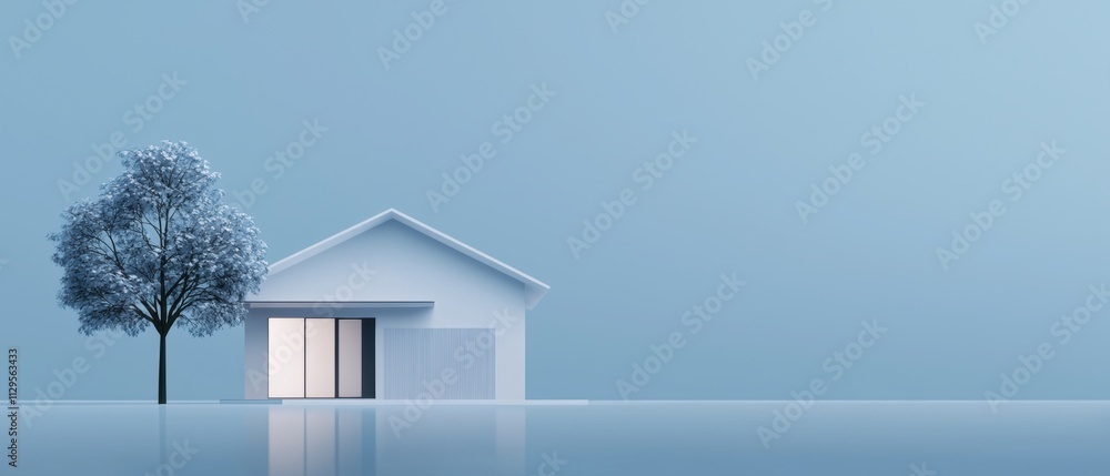 Poster 3d rendering of a small white house with a single tree on the left side. the house has a sloping roo