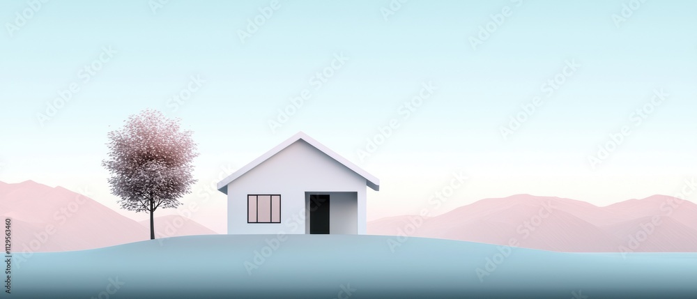 Poster digital illustration of a small white house on a hill with a single tree on the left side. the house