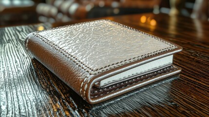 An elegant leather wallet placed on a polished wooden table, showcasing its fine texture and craftsmanship. Ideal for branding and product presentation.
