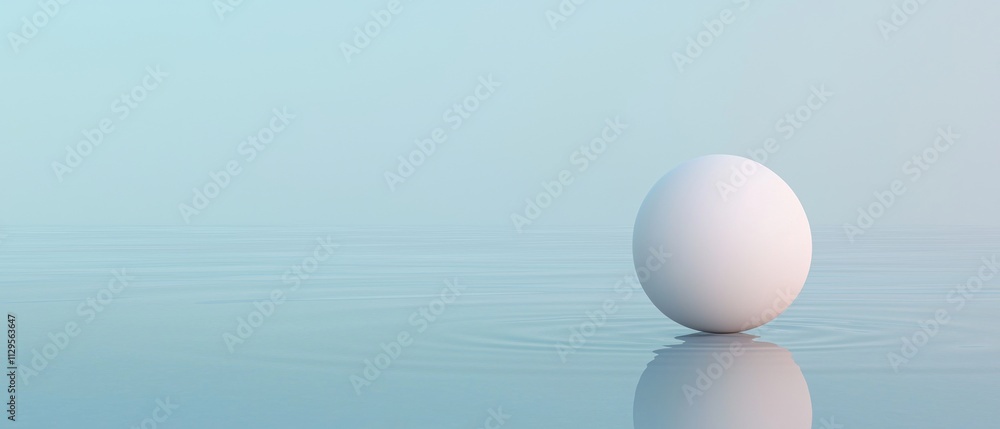 Poster 3d rendering of a single white sphere floating on a calm blue surface. the sphere is spherical in sh