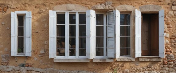 Fototapeta premium White wooden window shutters in a picturesque village in Tuscany, Countryside, Small, Charming