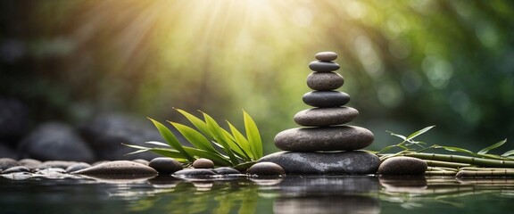 Obraz premium Zen stone stack with bamboo leaves and sunlight reflections on calm water