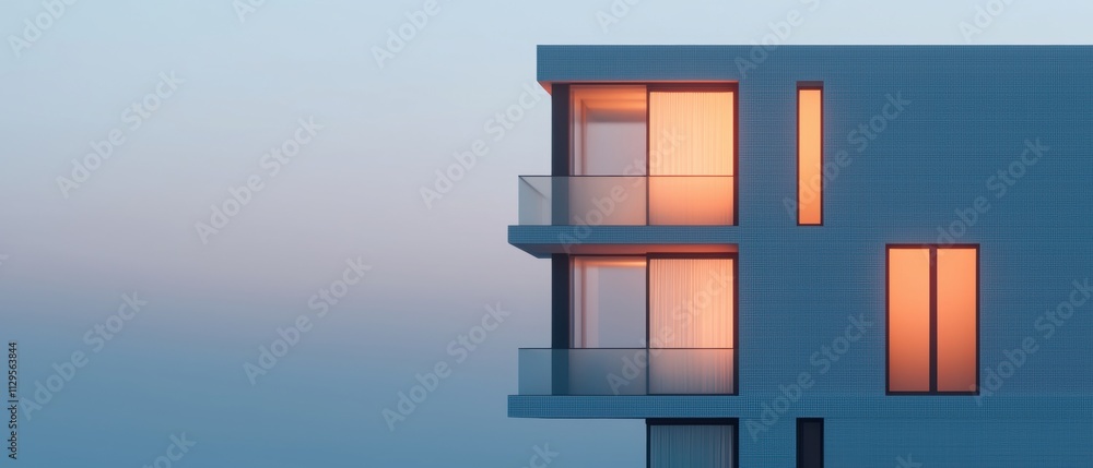 Poster 3d rendering of a modern building with a blue facade. the building has three levels, each with a bal