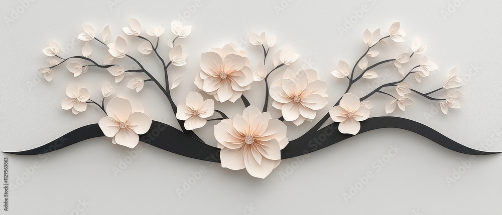 Poster digital illustration of a branch of white flowers on a black curved line. the flowers are made of pa