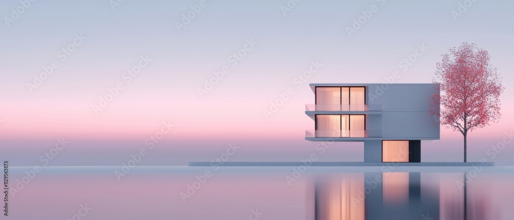 Poster digital illustration of a modern building on a small island in the middle of a body of water. the bu