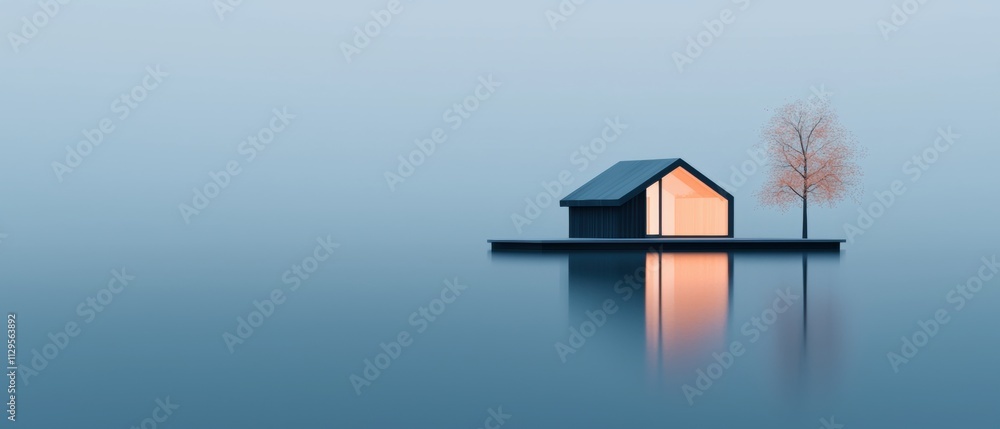 Poster digital illustration of a small house on a small island in the middle of a body of water. the house 