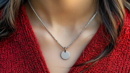 A close-up of a silver necklace featuring a round pendant, worn by a woman in a red sweater. The image highlights the necklace's design and texture.