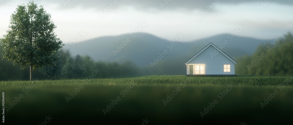 Poster small white house on a grassy field with a single tree on the left side. the house has a triangular 