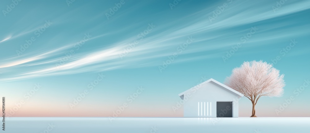Poster digital illustration of a small white house with a tree on the right side. the house is in the cente