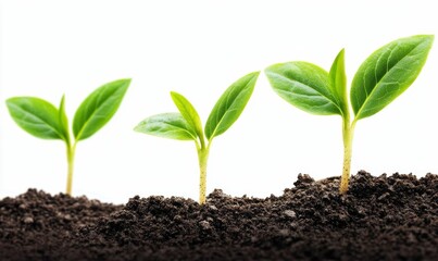 Fototapeta premium Three seedlings growing in dark soil.