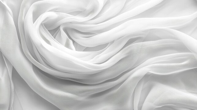 This image showcases a soft, sheer white fabric elegantly swirling in folds, highlighting its delicate texture and fluidity.
