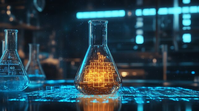Glowing Erlenmeyer Flask Displays Numerical Data in Lab