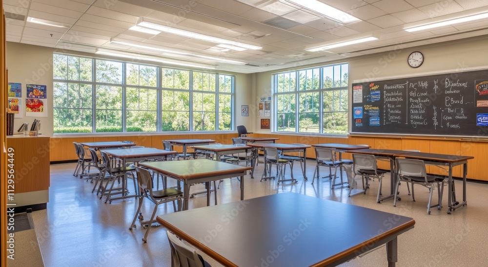 Poster Bright classroom with tables, chairs, and large windows.
