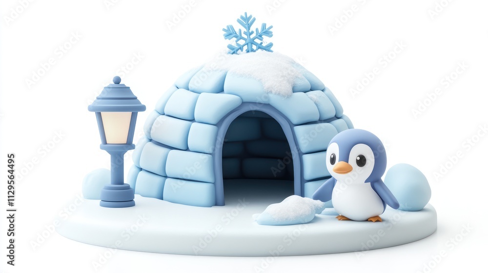 Poster cute penguin near an igloo with a lamp.