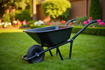 Modern metal wheelbarrow with a smooth black finish, standing empty on a neatly trimmed lawn. Garden wheelbarrow in yard