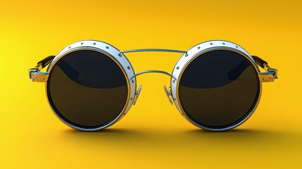 A close-up image of round, retro-style sunglasses against a bright yellow background, showcasing...